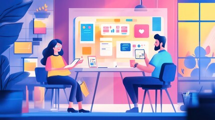 Aufkleber - A man and a woman sit at a desk in a brightly lit office, collaborating on a project. They are looking at a large monitor with various digital charts and graphs. The woman is holding a tablet