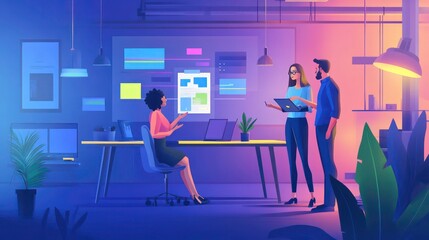 Aufkleber - A man and a woman sit at a desk in a brightly lit office, collaborating on a project. They are looking at a large monitor with various digital charts and graphs. The woman is holding a tablet