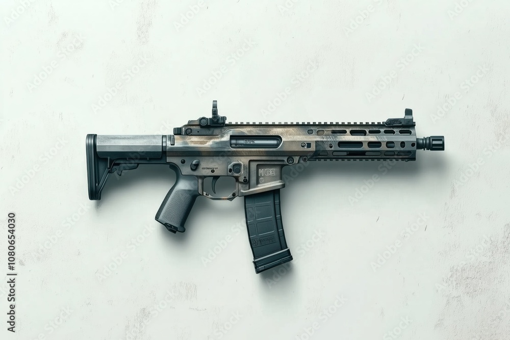 A rifle is displayed horizontally on a plain background, highlighting ...