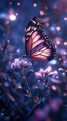 Wall Mural - A pink and black butterfly with its wings spread, perched on a delicate flower with a blurred background of blue and pink lights.