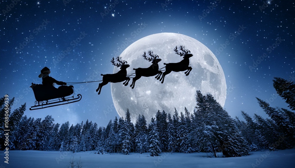 A silhouette of reindeer flying with Santa Claus in a sleigh against a ...