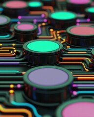 Aufkleber - A vibrant close-up of interconnected tech elements, featuring glowing buttons and colorful circuit paths, suggesting a modern digital interface.