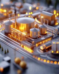Poster - A detailed miniature model of an industrial complex, illuminated with warm lights, showcasing structures like tanks, pipes, and machinery in a vibrant setting.