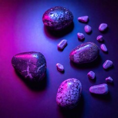 Wall Mural - Urban Stone Garden: A flatlay of smooth, polished stones arranged in a geometric pattern on a reflective surface, surrounded by vibrant cyberpunk neon lighting and soft focus to create an otherworldly