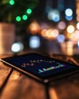 © PrusarooYakk - A tablet displaying colorful financial graphs and charts, set on a wooden table with blurred festive lights in the background.