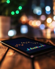 Fototapete - A tablet displaying colorful financial graphs and charts, set on a wooden table with blurred festive lights in the background.