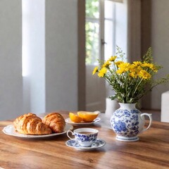 Wall Mural - An elegant breakfast table set with a delicate china tea set, fresh pastries, sliced fruit, and a tall glass of sparkling water