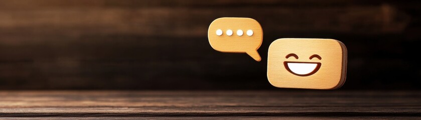 Aufkleber - A cheerful smiley face with a speech bubble on a wooden surface, conveying a sense of joy and communication.