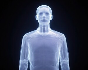 Aufkleber - A glowing, wireframe representation of a human figure against a dark background, showcasing a blend of technology and anatomy.