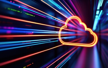 Poster - A vibrant depiction of cloud technology with dynamic lines representing data flow and connectivity in a digital landscape.