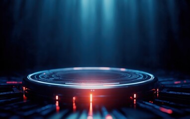 Aufkleber - A glowing circular object in a dark environment, illuminated by blue and red lights, suggesting a futuristic or technological theme.
