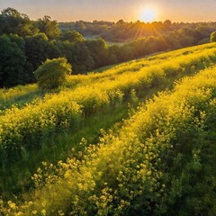 Wall Mural - A full shot birds-eye-view photo of a meadow scenery during golden hour, capturing the warm glow on the grass and flowers with a soft focus for a peaceful atmosphere.