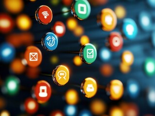 Leinwandbilder - Colorful icons representing various digital communication tools connected in a network, symbolizing technology and interaction.
