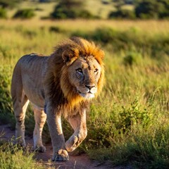 Sticker - A macro photo of a lion crossing a sunlit savanna, deep focus on its silhouette against the bright background, high-angle shot capturing its full body, emphasizing its majestic stride and commanding p