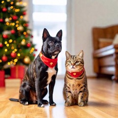 Sticker - A full shot photo of a dog and cat in a festive setting, such as a holiday scene, shallow focus, low angle shot capturing their full bodies amidst decorations, showcasing their festive spirit