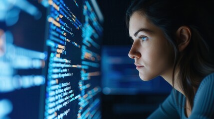 female programmer analyzing code on a screen in a dark workspace, symbolizing software development, coding, and technology expertise.