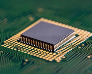 Leinwandbilder - A close-up view of a microprocessor on a green circuit board, showcasing its intricate details and surrounding circuitry.