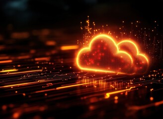 Leinwandbilder - A glowing, digital cloud surrounded by dynamic, glowing particles against a dark background, symbolizing data transfer and cloud computing.
