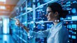 © Vilaysack - Confident female IT professional in a data center interacting with a virtual interface, representing cybersecurity, technology, and digital innovation.