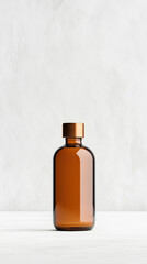 Wall Mural - Amber glass bottle with metallic lid on clean white background, perfect for showcasing beauty or skincare products. minimalist design adds elegance and sophistication