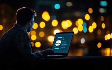 Fototapete - A person working on a laptop at night, surrounded by a cityscape illuminated by soft, bokeh lights, creating a serene and focused atmosphere.