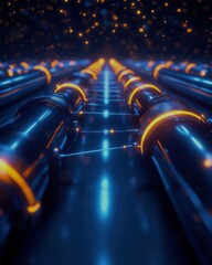 Poster - A futuristic perspective of glowing pipes, showcasing a network of lights and energy, creating a visually captivating sci-fi atmosphere.