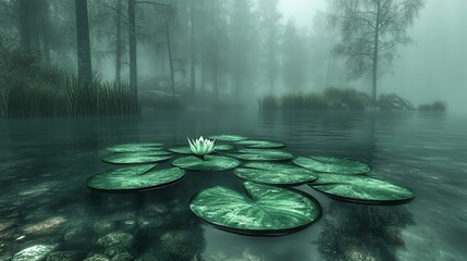 Wall Mural - a single white water lily blooms amidst a cluster of lily pads in a misty, mysterious forest lake.