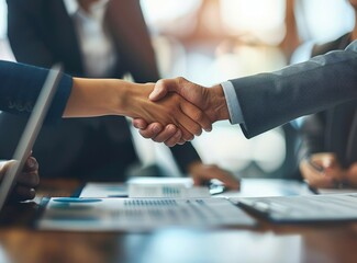 Poster - The act of a professional handshake between business partners symbolizes a significant achievement and mutual agreement, emphasizing collaboration, commitment, and a formal commitment to success