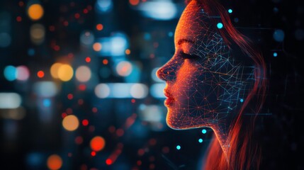 Poster - Futuristic Visualization of Female AI Interface Profile with Illuminated Wireframe and Digital Network Concept -