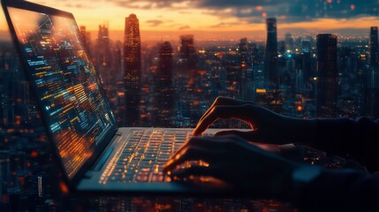 Poster - Hands typing on a laptop computer with a city skyline at sunset in the background.