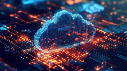 Leinwandbilder - A glowing cloud computing symbol on a circuit board, representing the digital infrastructure of the internet.
