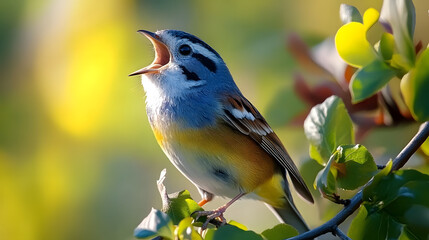 Wall Mural - a songbird chirping with its beak open, in a natural setting.