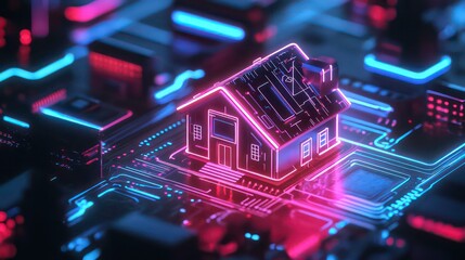 Aufkleber - A miniature house with neon lights sits on a glowing circuit board, representing smart home technology.