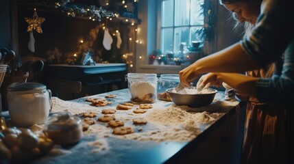 Family baking Christmas cookies in a cozy kitchen, flour and ingredients scattered around