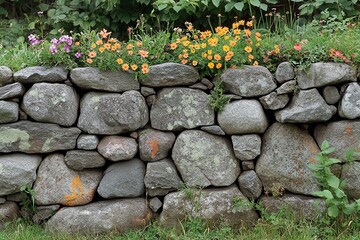 Wall Mural - A stone wall with colorful flowers growing on top.