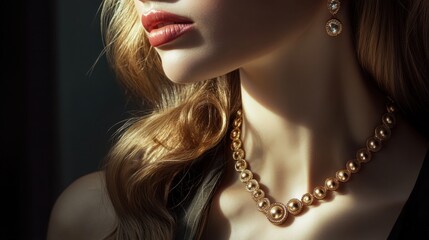 Woman adorned in gold jewelry, her radiant look complemented by necklace and earrings, showcasing beauty and luxury.