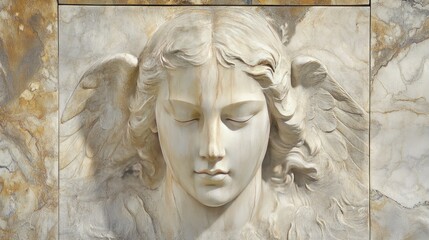 A detailed marble relief of an angelic figure with closed eyes and wings.