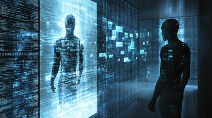 Futuristic digital interaction between human and virtual interface in a high-tech environment.