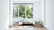 © velikiyzayats - Bright Modern Living Room with Large Windows Overlooking Lush Green Trees, Perfect for Relaxation and Natural Light