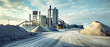 © Anoo - Industrial cement plant with sand and gravel piles under a blue-gray sky, showcasing modern processing techniques and materials on a winter day