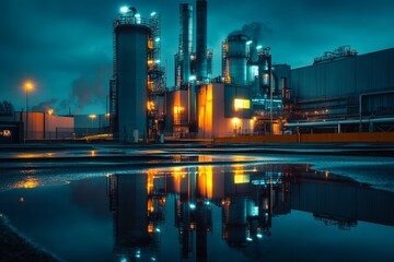 Wall Mural - industrial landscape at night with glowing lights and reflections. a striking view of modern industr
