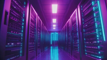 Futuristic server array in high tech data center with vibrant lighting. illuminated servers create visually striking atmosphere, showcasing advanced technology and innovation