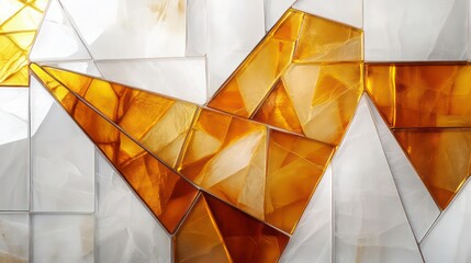 Fototapete - Abstract glass tiles with glossy white and amber hues in geometric layout