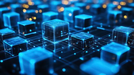 Poster - Abstract digital blockchain network concept with glowing blue cubes on a dark background