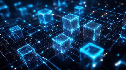 Poster - Abstract digital blockchain network concept with glowing blue cubes on a dark background