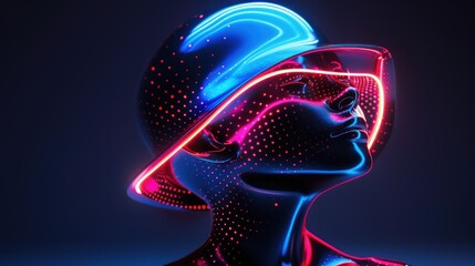 A 3D rendering of a woman's head with a neon blue and pink halo over her head, futuristic, abstract.
