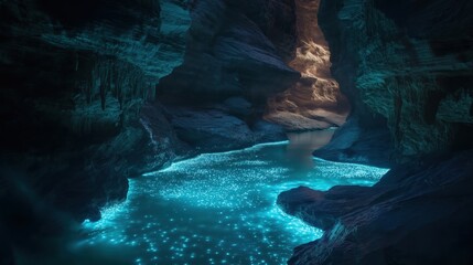 Wall Mural - A serene view of a glowing river surrounded by dark cave walls.