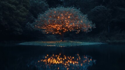 Wall Mural - a glowing tree with lights reflecting on a calm lake at dusk.