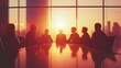 © WS Studio 1985 - Professional Business Meeting Silhouettes Against Sunset in Modern Office with Urban Skyline and Glass Windows, Highlighting Team Collaboration and Strategic Discussions