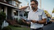 © Natalia - Middle-aged man with beard and glasses holding a clipboard while standing in front of residential houses in a suburban neighborhood.